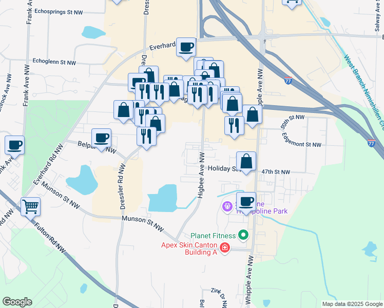 map of restaurants, bars, coffee shops, grocery stores, and more near 4877 Higbee Avenue Northwest in Canton