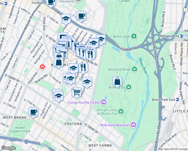 map of restaurants, bars, coffee shops, grocery stores, and more near 780 East 185th Street in Bronx