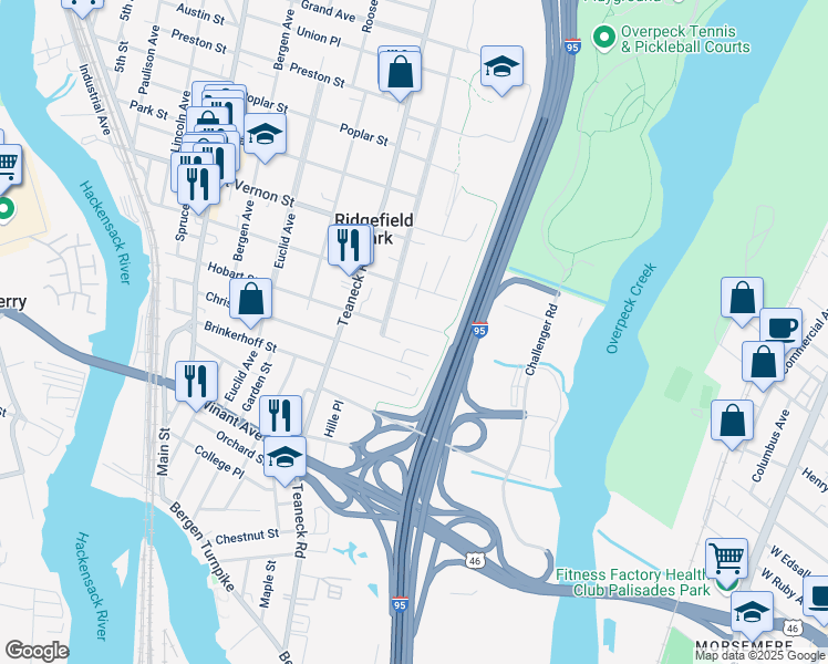 map of restaurants, bars, coffee shops, grocery stores, and more near 182 Hobart Street in Ridgefield Park