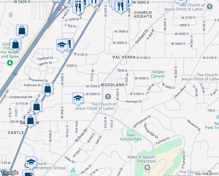 map of restaurants, bars, coffee shops, grocery stores, and more near 3379 Orchard Drive in Bountiful