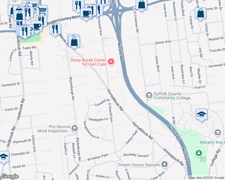 map of restaurants, bars, coffee shops, grocery stores, and more near 83 South Howell Avenue in Centereach