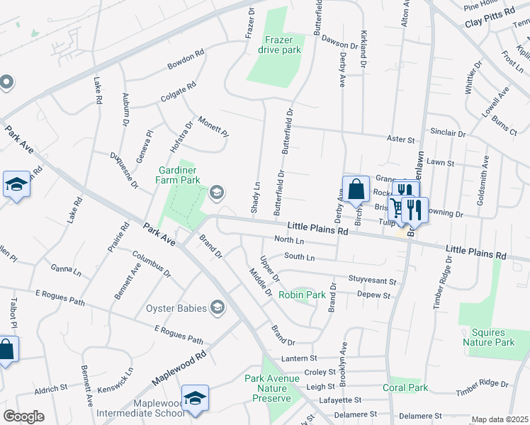 map of restaurants, bars, coffee shops, grocery stores, and more near 72 Butterfield Drive in Greenlawn