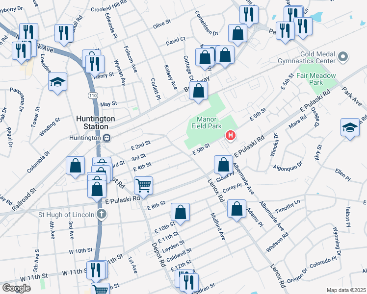 map of restaurants, bars, coffee shops, grocery stores, and more near 164 East 3rd Street in Huntington Station
