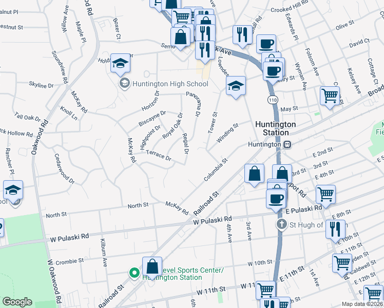 map of restaurants, bars, coffee shops, grocery stores, and more near 6 Regal Drive in Huntington