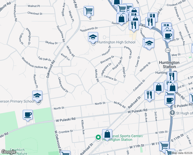 map of restaurants, bars, coffee shops, grocery stores, and more near 3 Highpoint Drive in Huntington