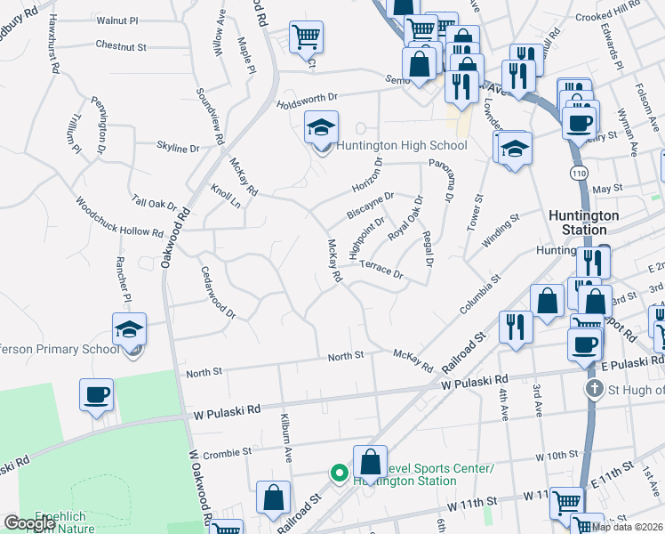 map of restaurants, bars, coffee shops, grocery stores, and more near 3 Highpoint Drive in Huntington
