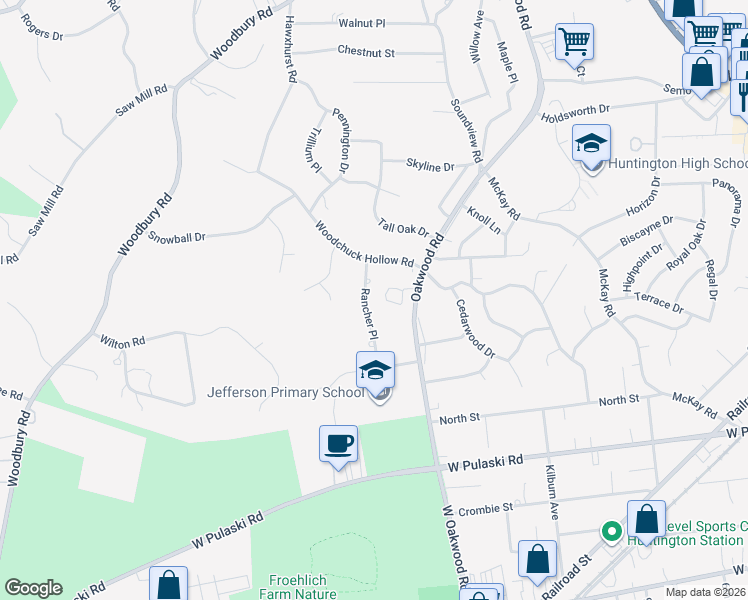 map of restaurants, bars, coffee shops, grocery stores, and more near 34 Rancher Place in Huntington