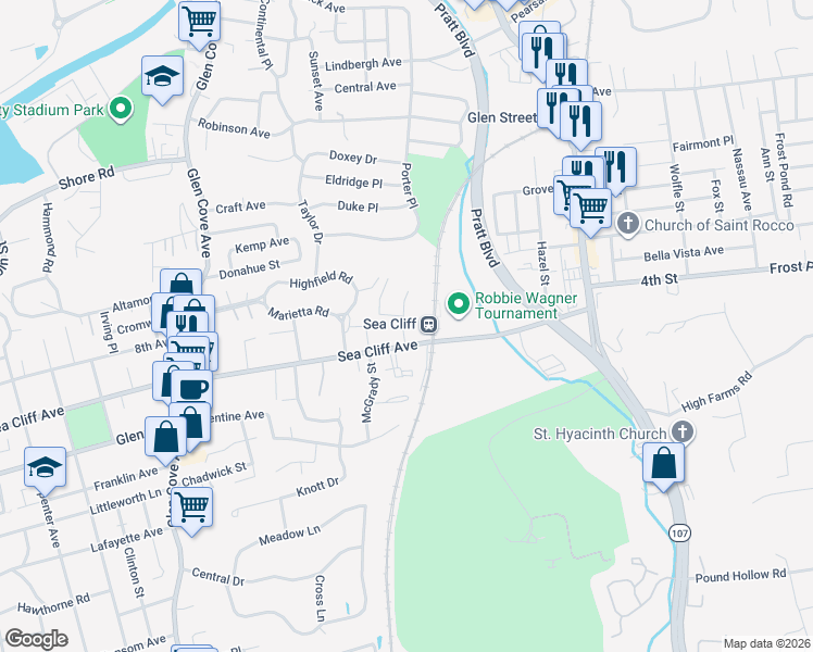 map of restaurants, bars, coffee shops, grocery stores, and more near 30 Glen Keith Road in Glen Cove