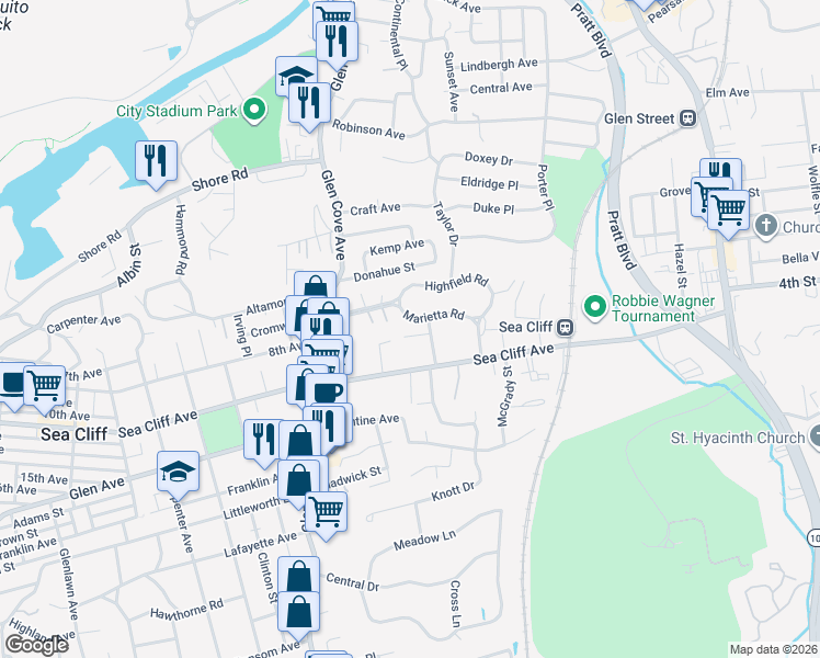 map of restaurants, bars, coffee shops, grocery stores, and more near 9 Marietta Road in Glen Cove