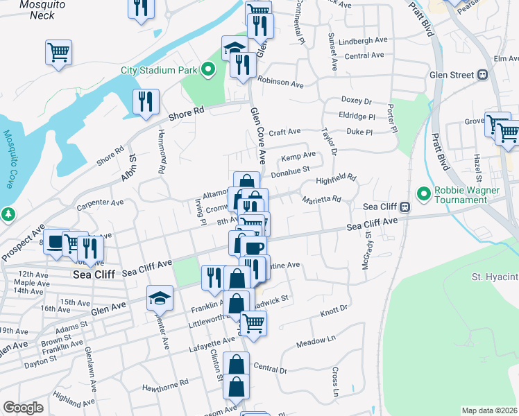 map of restaurants, bars, coffee shops, grocery stores, and more near 161 Glen Cove Avenue in Sea Cliff