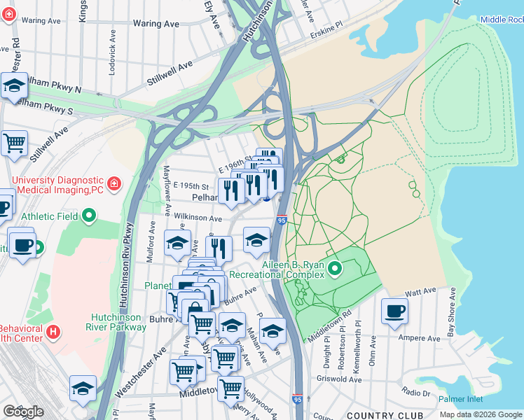 map of restaurants, bars, coffee shops, grocery stores, and more near 3250 Westchester Avenue in Bronx