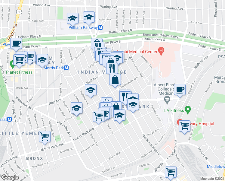 map of restaurants, bars, coffee shops, grocery stores, and more near 1926 Tomlinson Avenue in Bronx