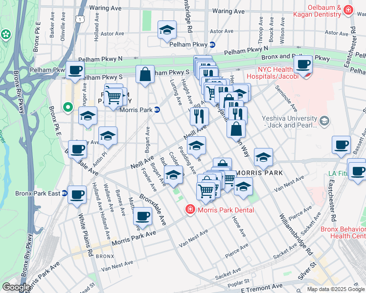 map of restaurants, bars, coffee shops, grocery stores, and more near 1027 Neill Avenue in Bronx