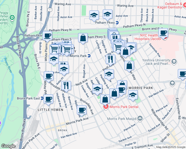 map of restaurants, bars, coffee shops, grocery stores, and more near 2019 Colden Avenue in Bronx