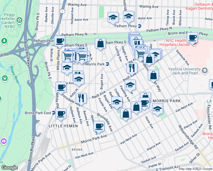 map of restaurants, bars, coffee shops, grocery stores, and more near 2019 Colden Avenue in Bronx