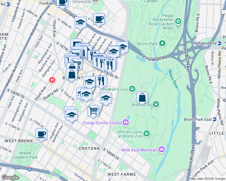 map of restaurants, bars, coffee shops, grocery stores, and more near 787 East 185th Street in Bronx