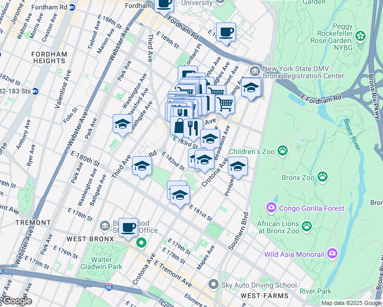 map of restaurants, bars, coffee shops, grocery stores, and more near in The Bronx