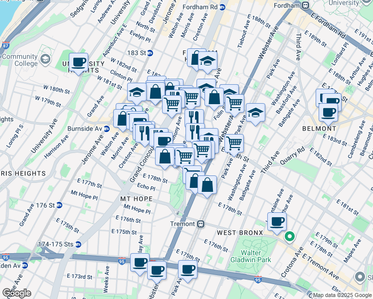 map of restaurants, bars, coffee shops, grocery stores, and more near in The Bronx