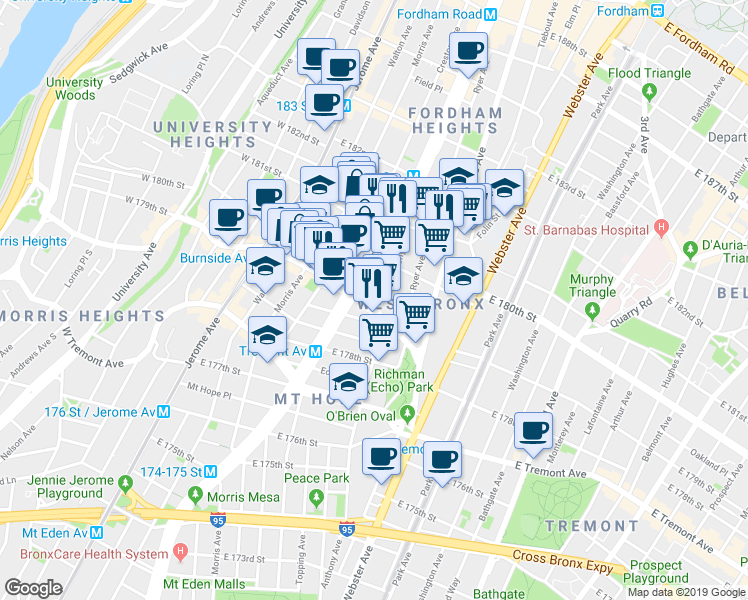 map of restaurants, bars, coffee shops, grocery stores, and more near 2060 Anthony Avenue in Bronx