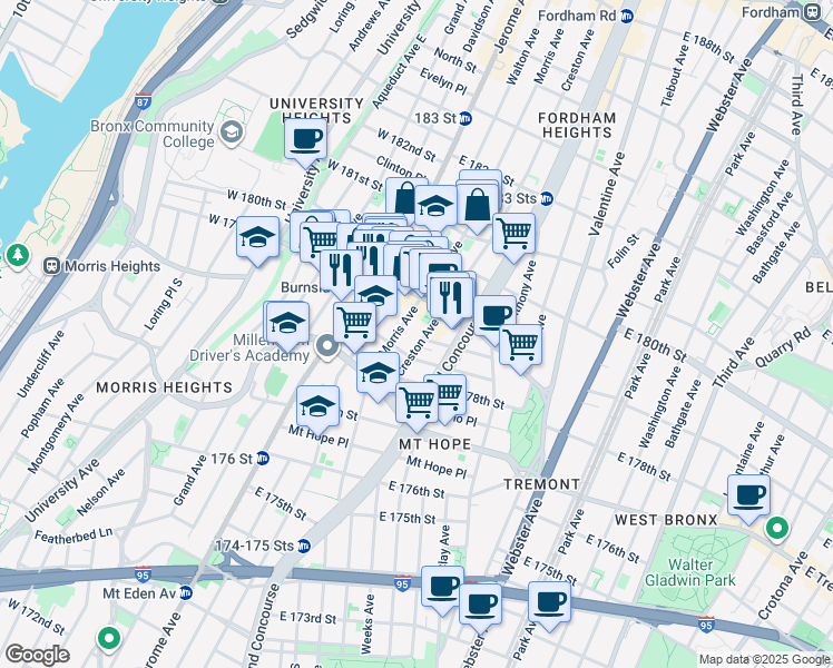 map of restaurants, bars, coffee shops, grocery stores, and more near 2021 Morris Avenue in The Bronx
