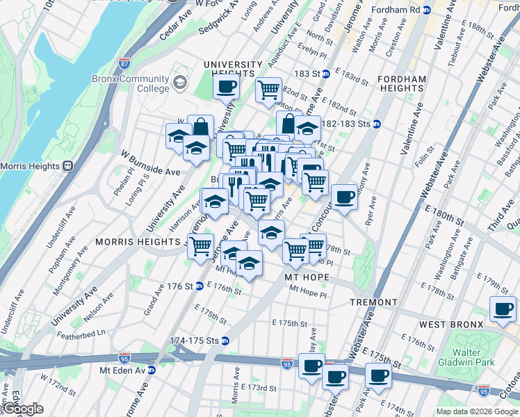 map of restaurants, bars, coffee shops, grocery stores, and more near 2003 Walton Avenue in The Bronx