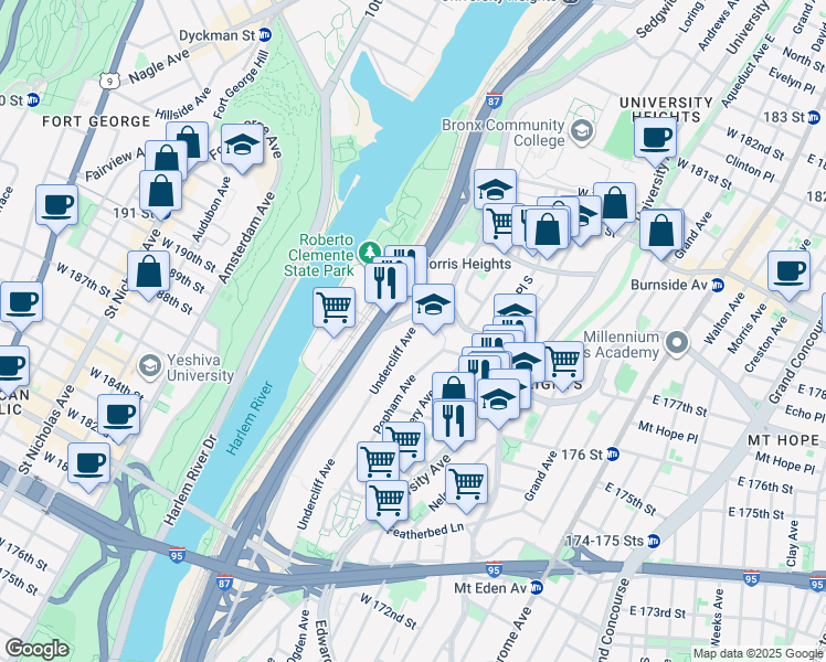 map of restaurants, bars, coffee shops, grocery stores, and more near 1808 Cedar Avenue in Bronx