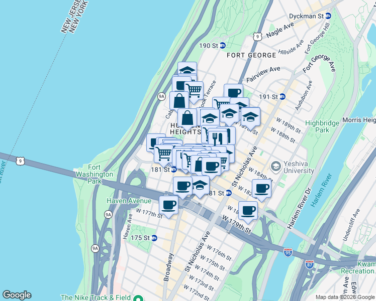 map of restaurants, bars, coffee shops, grocery stores, and more near 56 Bennett Avenue in New York