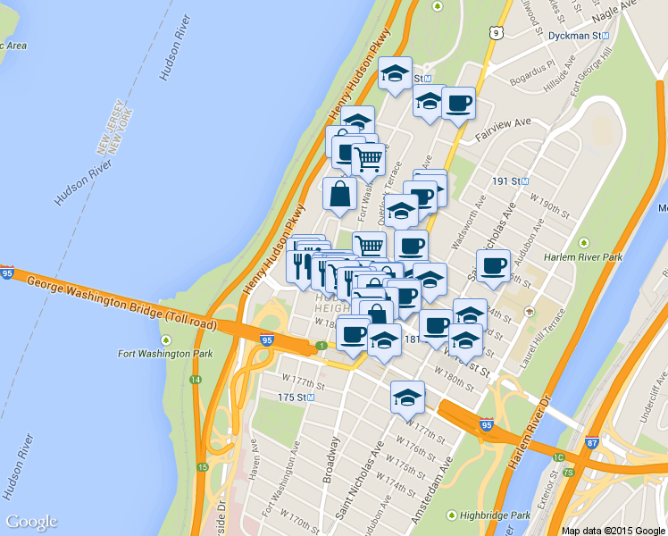 map of restaurants, bars, coffee shops, grocery stores, and more near 536 Fort Washington Avenue in New York