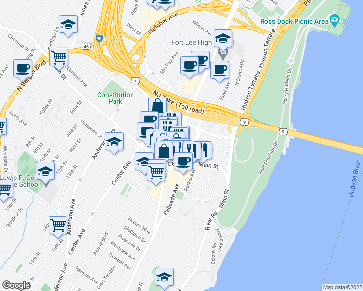 map of restaurants, bars, coffee shops, grocery stores, and more near 675 Park Avenue in Fort Lee