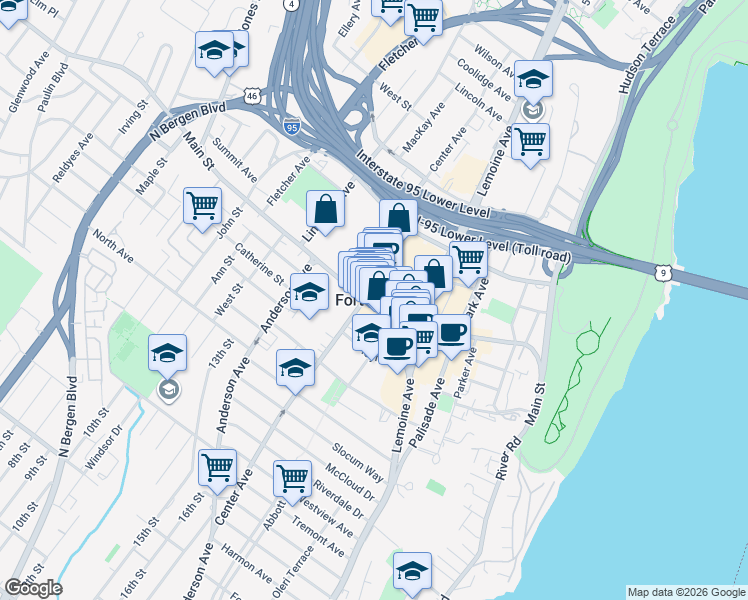 map of restaurants, bars, coffee shops, grocery stores, and more near in Fort Lee