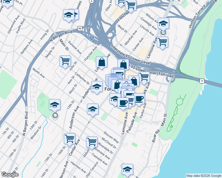 map of restaurants, bars, coffee shops, grocery stores, and more near in Fort Lee