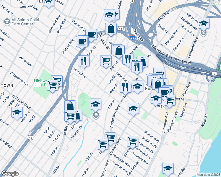 map of restaurants, bars, coffee shops, grocery stores, and more near 1578 Ann Street in Fort Lee