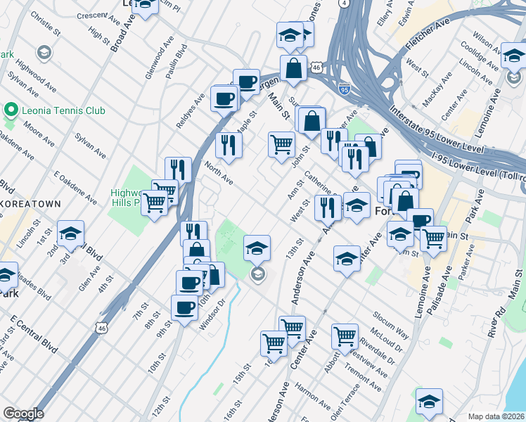 map of restaurants, bars, coffee shops, grocery stores, and more near 479 North Avenue in Fort Lee