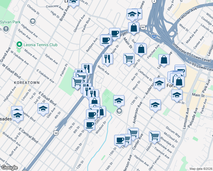 map of restaurants, bars, coffee shops, grocery stores, and more near 235 Village Circle Drive in Fort Lee