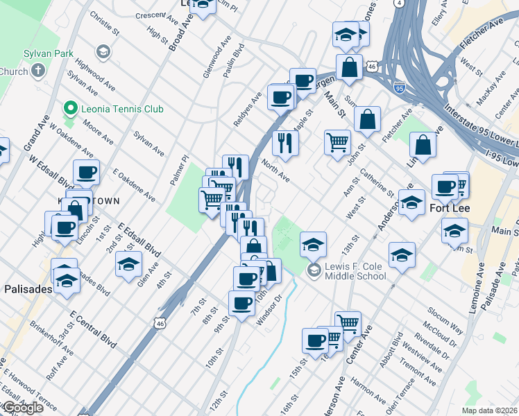 map of restaurants, bars, coffee shops, grocery stores, and more near 1480 Bergen Boulevard in Fort Lee