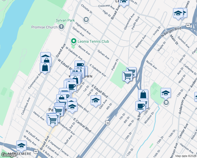 map of restaurants, bars, coffee shops, grocery stores, and more near 534 1st Street in Palisades Park
