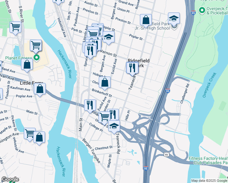 map of restaurants, bars, coffee shops, grocery stores, and more near 116 Christie Street in Ridgefield Park