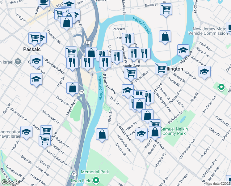 map of restaurants, bars, coffee shops, grocery stores, and more near 964 Paterson Avenue in East Rutherford