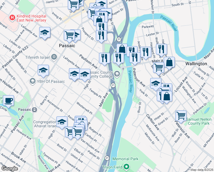 map of restaurants, bars, coffee shops, grocery stores, and more near in Passaic