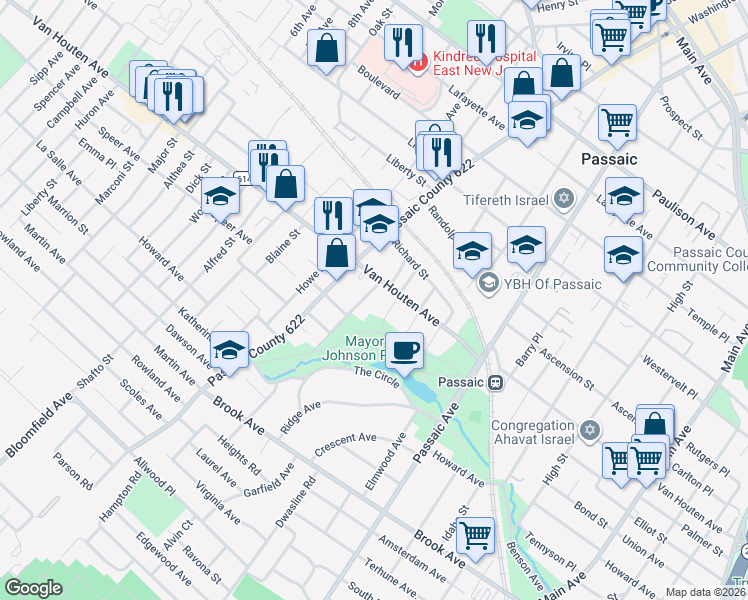 map of restaurants, bars, coffee shops, grocery stores, and more near 10 Mineral Spring Avenue in Passaic