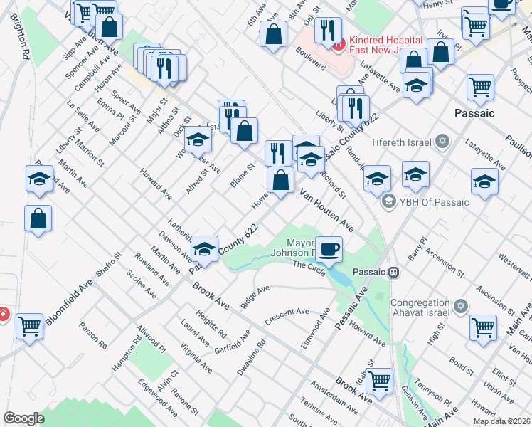 map of restaurants, bars, coffee shops, grocery stores, and more near 415 Howe Avenue in Passaic