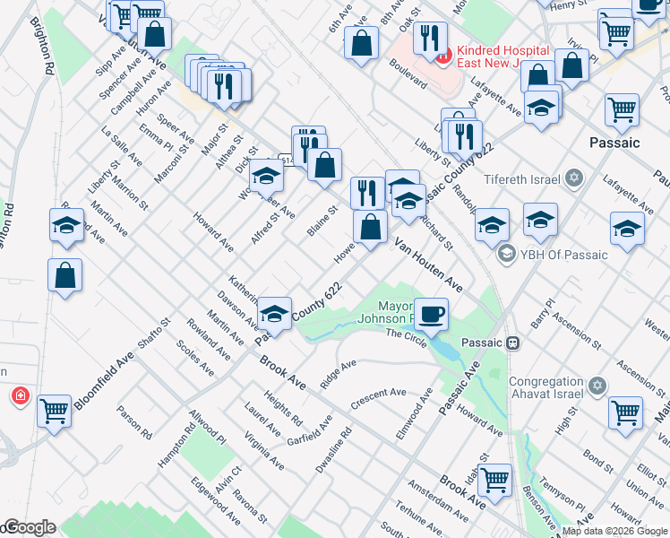 map of restaurants, bars, coffee shops, grocery stores, and more near 415 Howe Avenue in Passaic