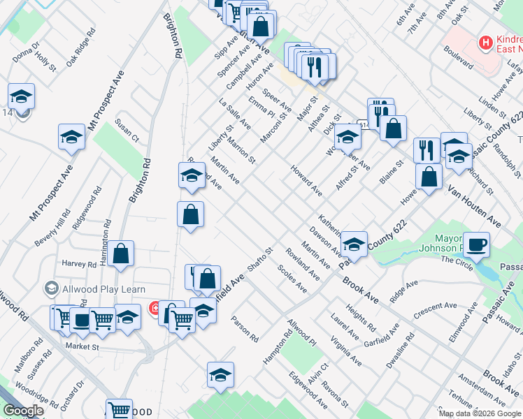 map of restaurants, bars, coffee shops, grocery stores, and more near 128 Martin Avenue in Clifton