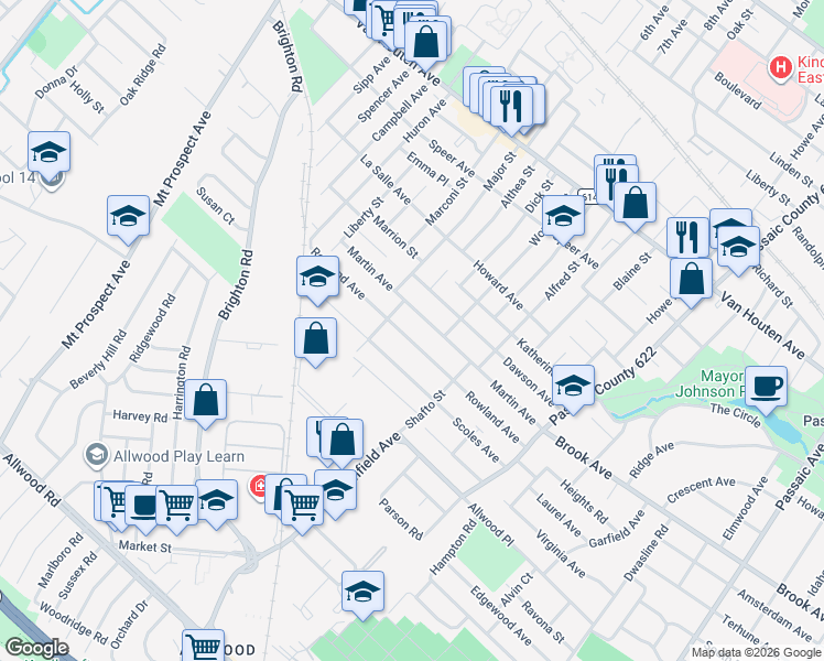 map of restaurants, bars, coffee shops, grocery stores, and more near 128 Martin Avenue in Clifton