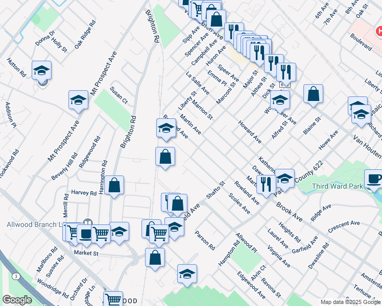 map of restaurants, bars, coffee shops, grocery stores, and more near 166 Rowland Avenue in Clifton