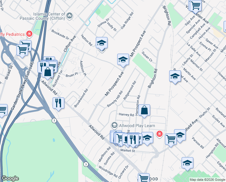 map of restaurants, bars, coffee shops, grocery stores, and more near 478 Mount Prospect Avenue in Clifton