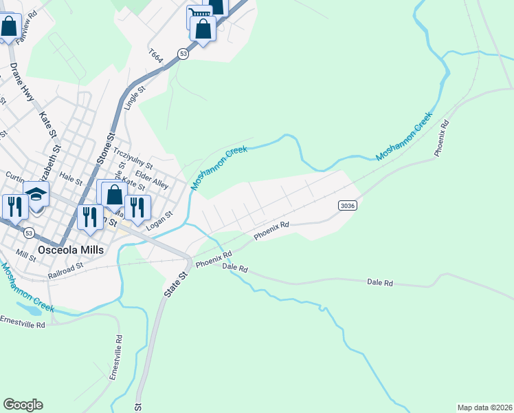 map of restaurants, bars, coffee shops, grocery stores, and more near 101-117 Howard Street in Osceola Mills