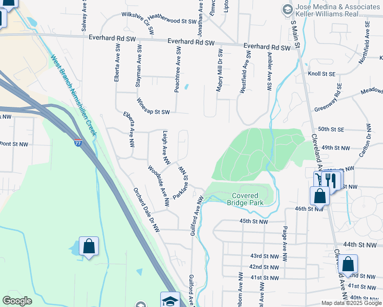 map of restaurants, bars, coffee shops, grocery stores, and more near 2932 Treeside Street Northwest in Canton