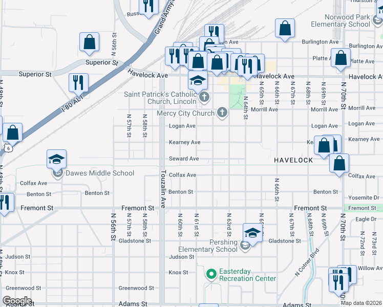 map of restaurants, bars, coffee shops, grocery stores, and more near 6041 Kearney Avenue in Lincoln