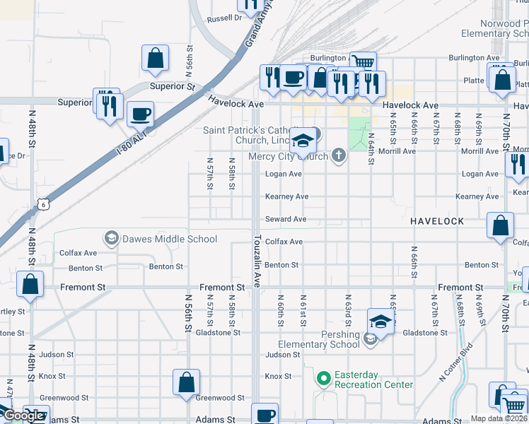 map of restaurants, bars, coffee shops, grocery stores, and more near 3931 North 60th Street in Lincoln